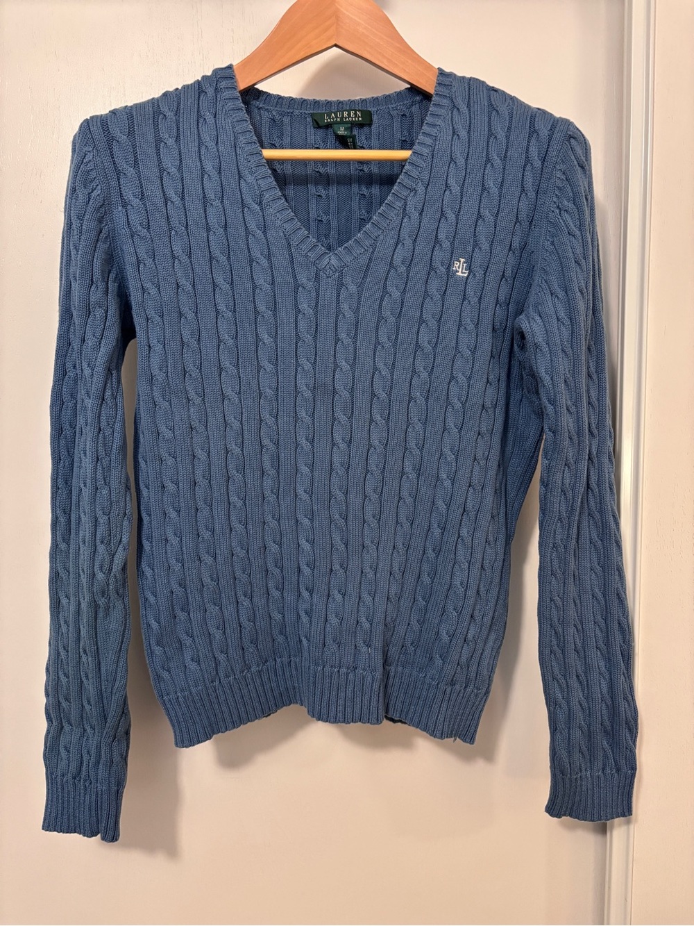 Ralph Lauren Womens Cable Knit Sweater Size M Logo Cotton Blue Coastal Nautical